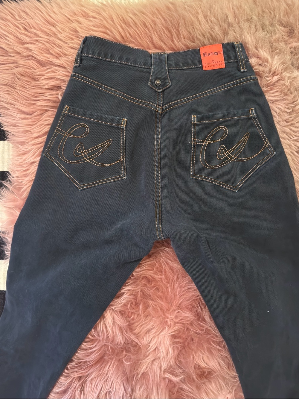 Faded Black High Rise Denim Jeans with Gold Contrast Stitching